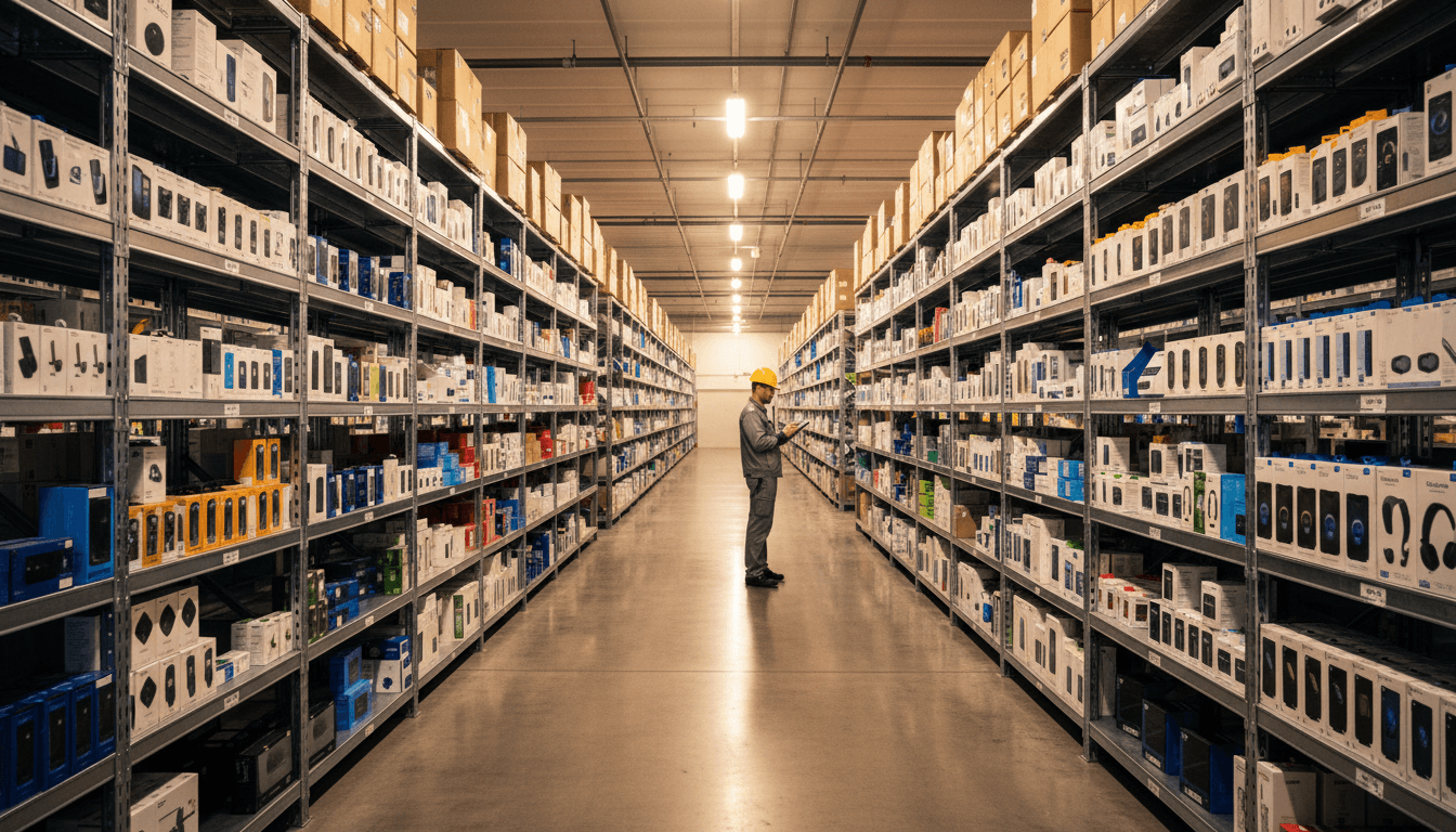 Organized warehouse shelving with consumer electronics inventory